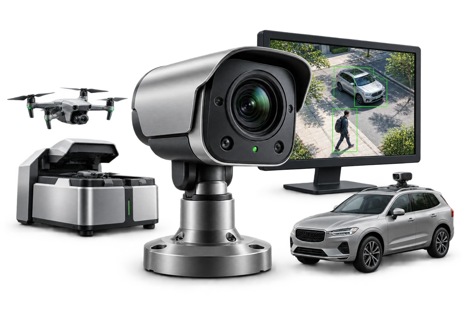 Illustrative AI Vision camera intelligence with an independent camera, detection screen, vehicle camera and drone station