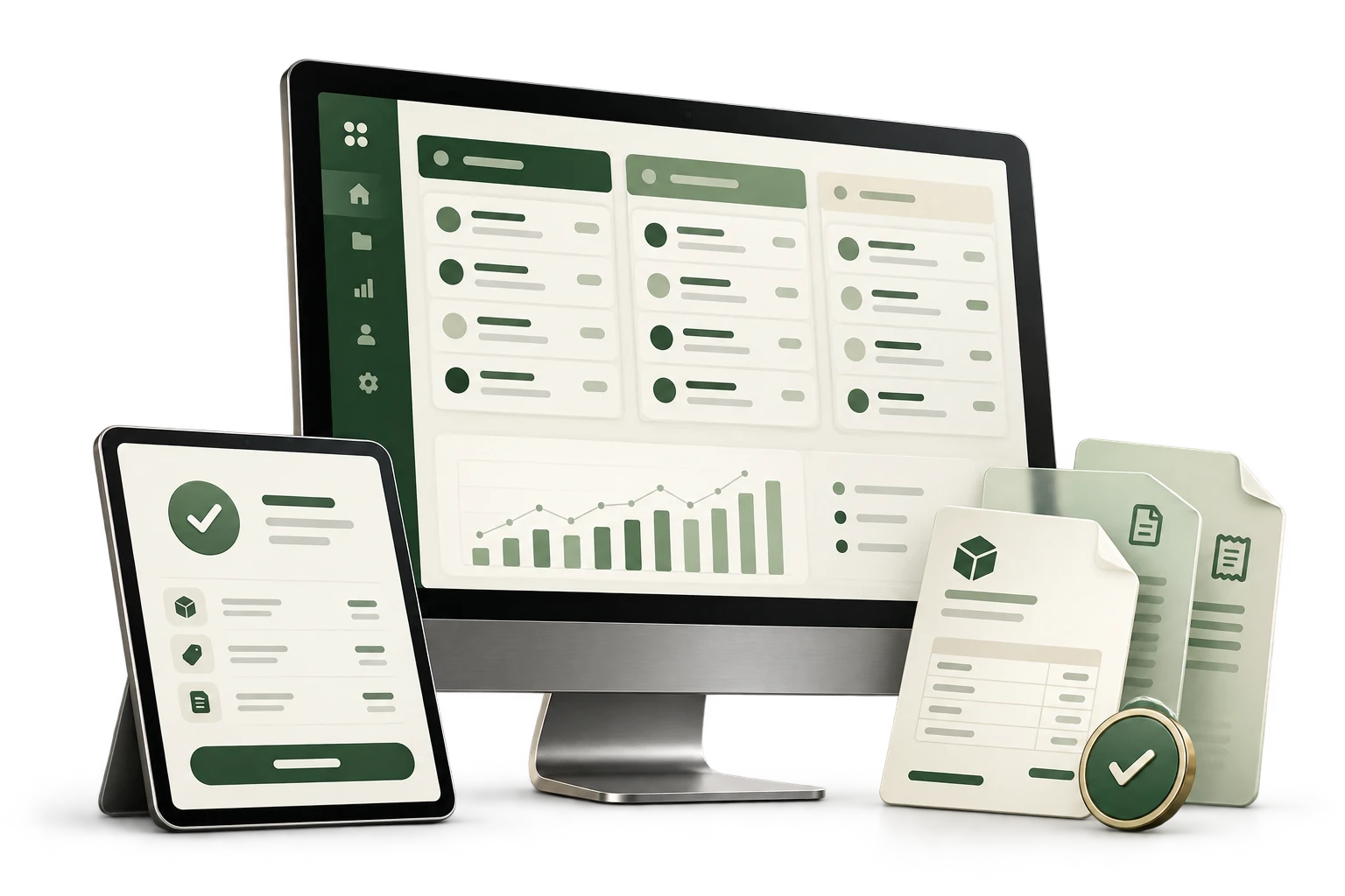 Illustrative Business Control Centre workspace with a desktop monitor, tablet and quotation, order and billing documents