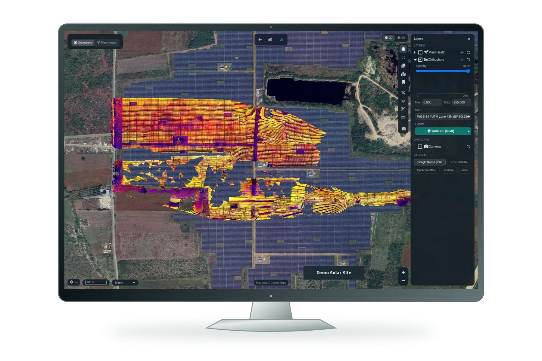 Original HelloGeo Suite analysis interface with solar-site orthophoto and map layers