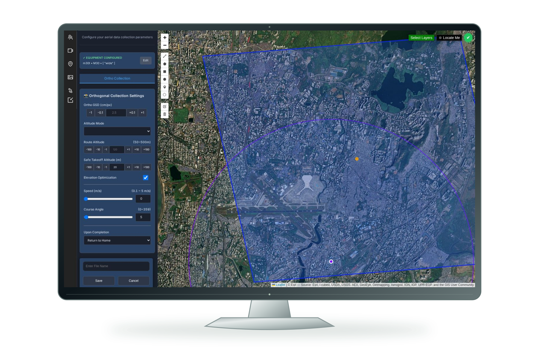 Original HelloGeo Command Centre area-planning interface on a freestanding screen