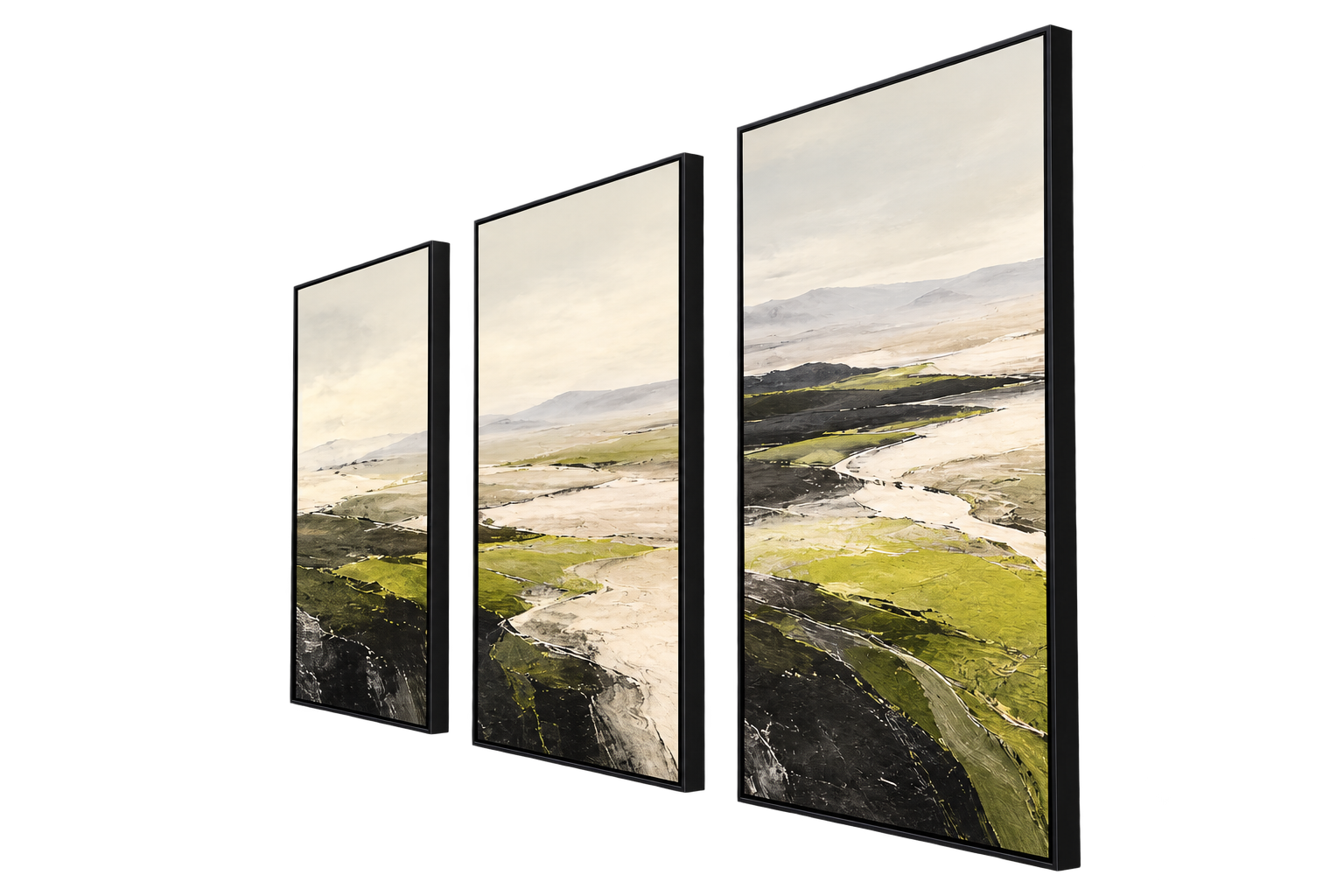 Three freestanding digital signage displays with coordinated visual content