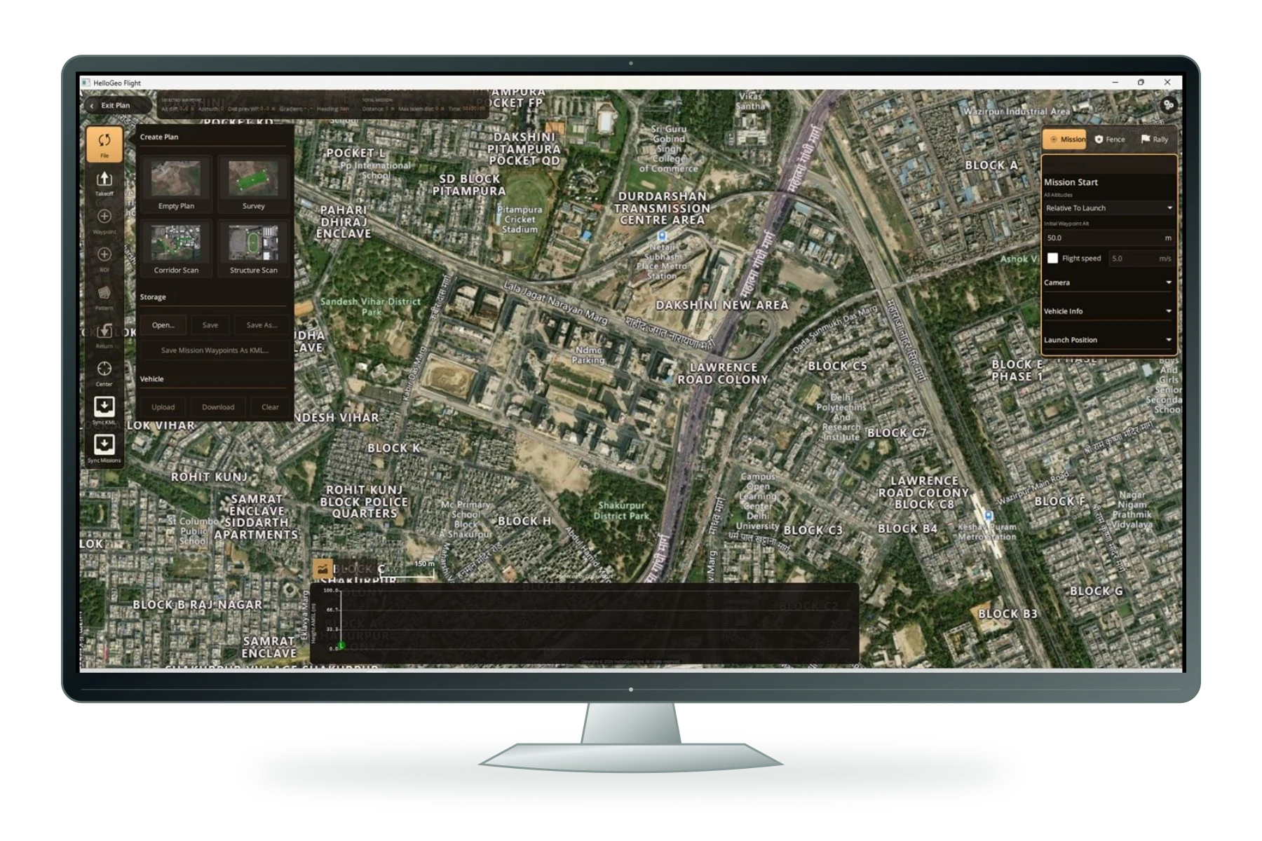Original HelloGeo Flight mission planning interface on a freestanding screen