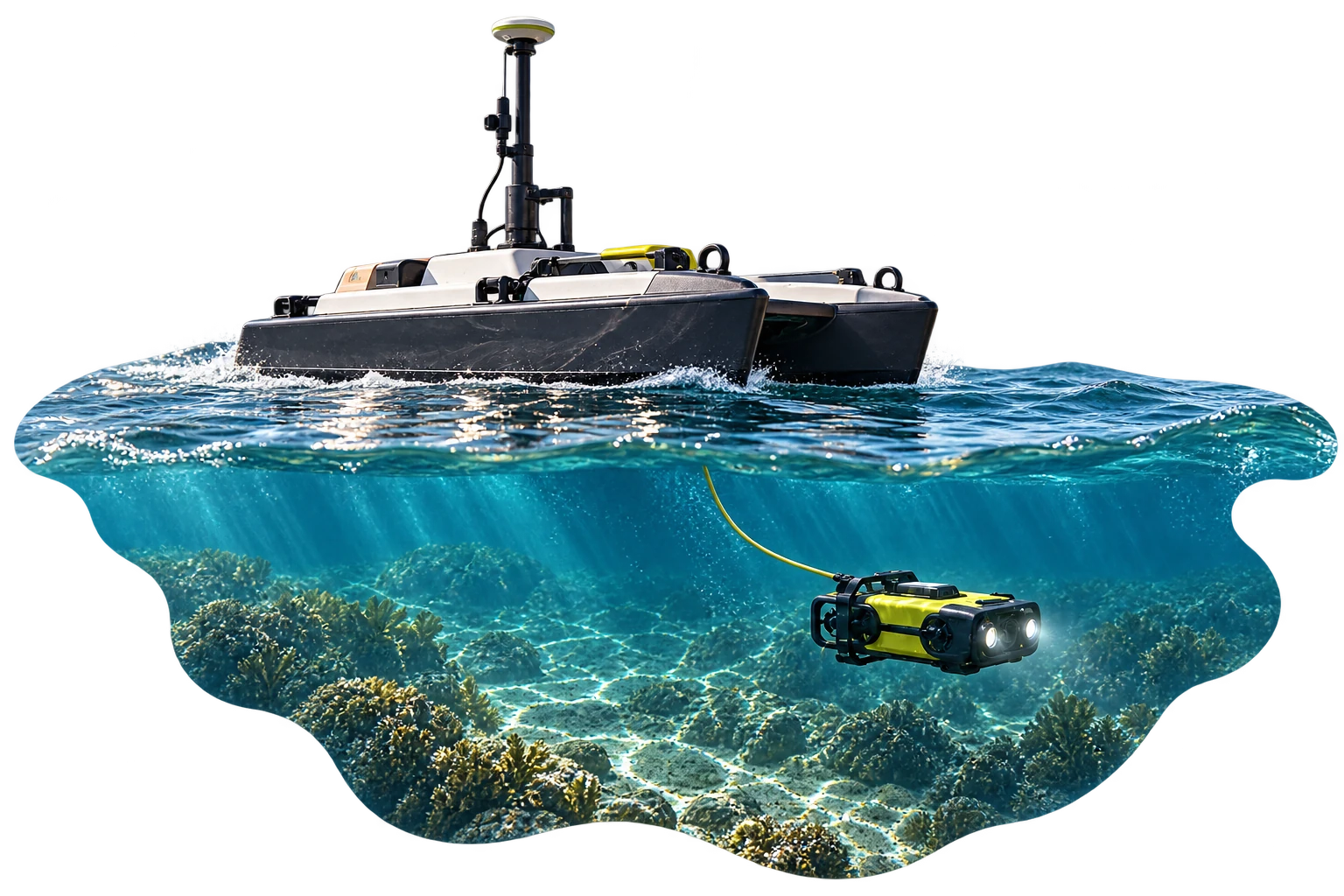 Connected marine observation with a survey boat and underwater ROV