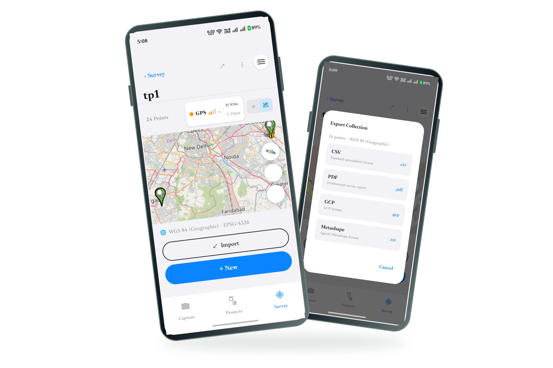 Original MetaSync survey map and collection export screens on two phones
