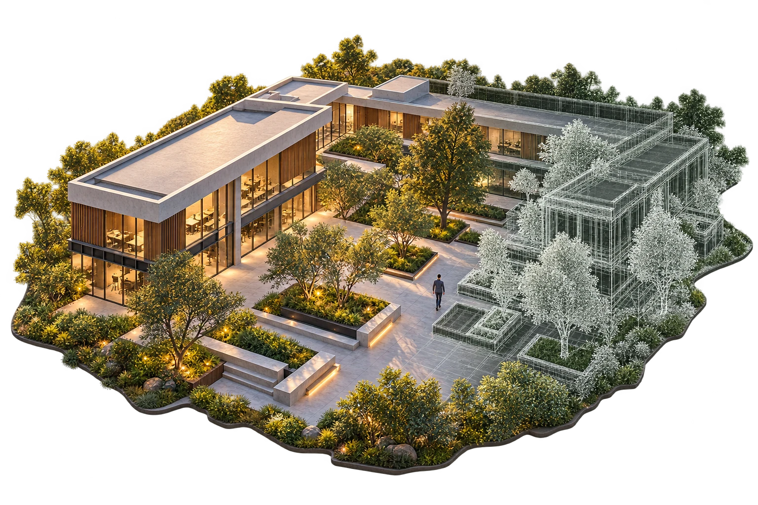 Campus digital twin model blending architecture and spatial wireframe