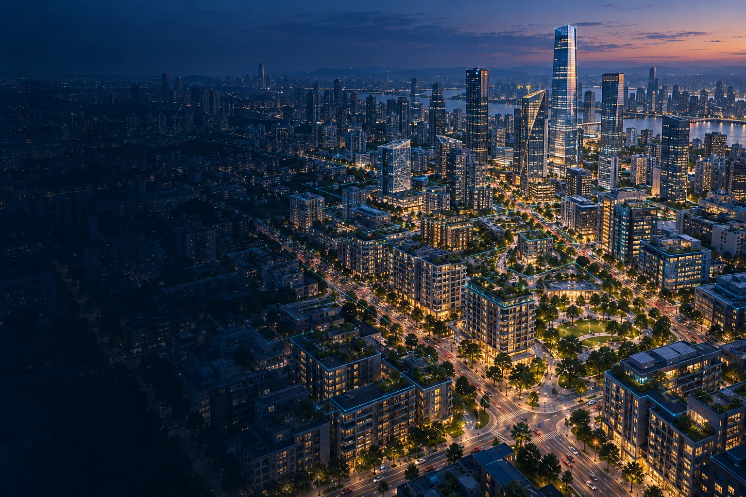 City digital-twin concept with streets, buildings and connected spatial context