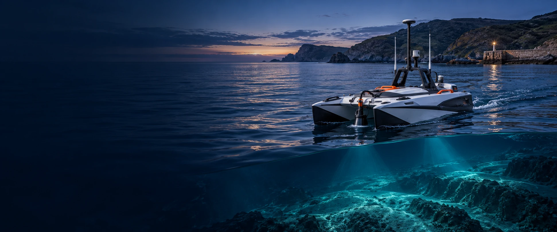 Marine survey concept with a surface vessel and underwater terrain