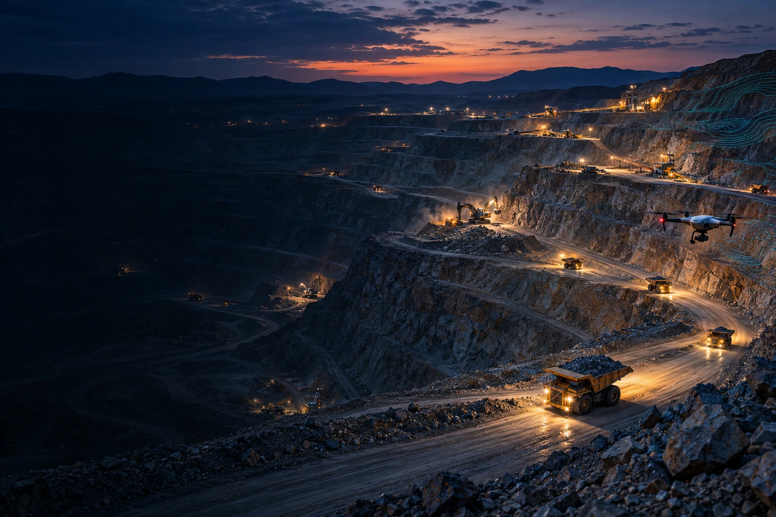 Open-pit mine survey concept with haul roads, survey drone and terrain contours