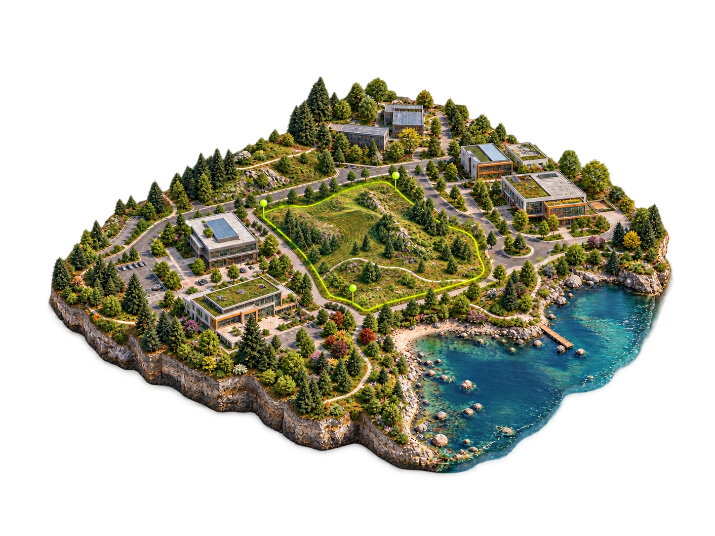 Detailed terrain and urban project model with a highlighted mapping area