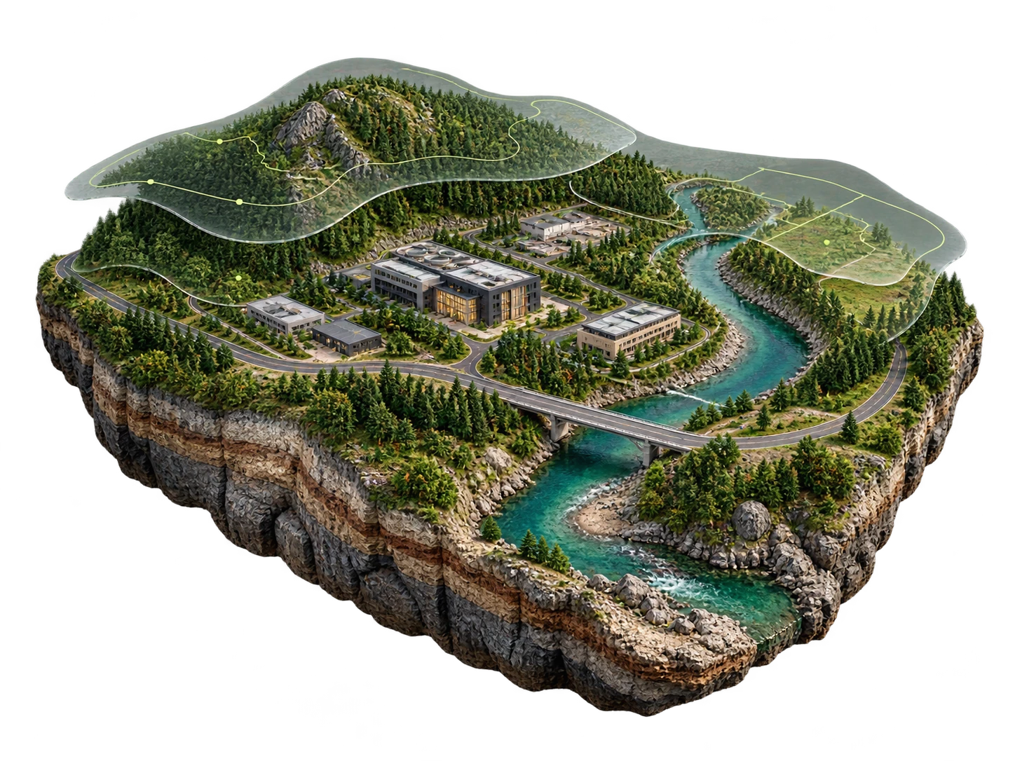 GIS concept with detailed river terrain, a campus and translucent spatial analysis overlays