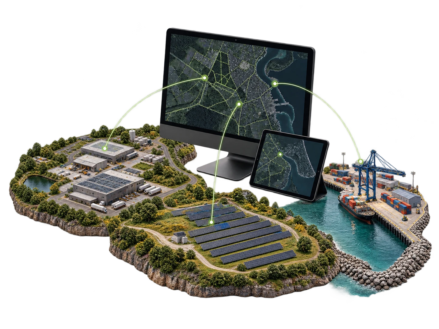Remote operations concept with a map monitor and connected industrial, solar and port sites