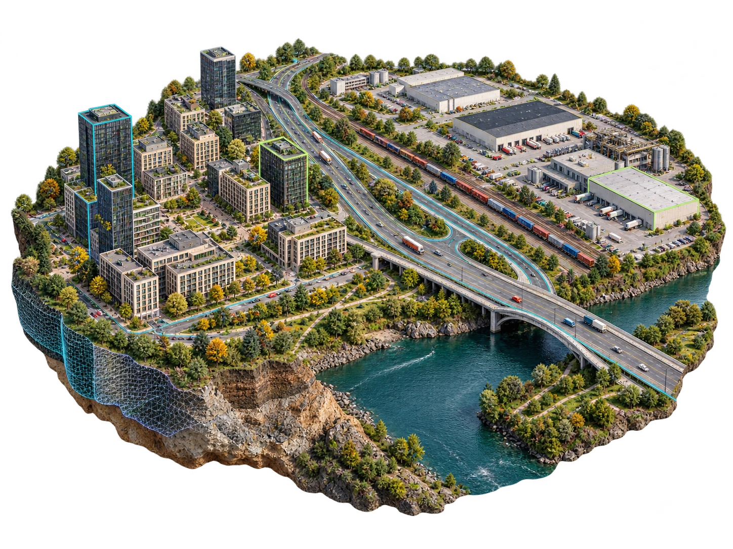 Continuum spatial concept with a detailed urban and industrial corridor, highway, railway, river and subtle digital twin overlays