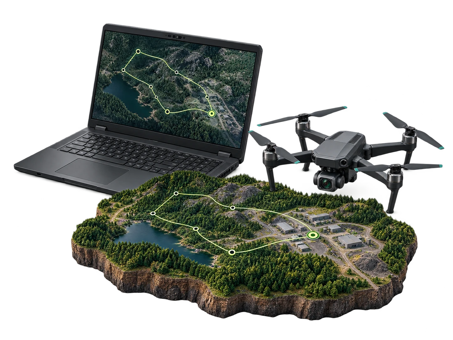 GCS concept with a field laptop, mapped mission route and enterprise camera drone