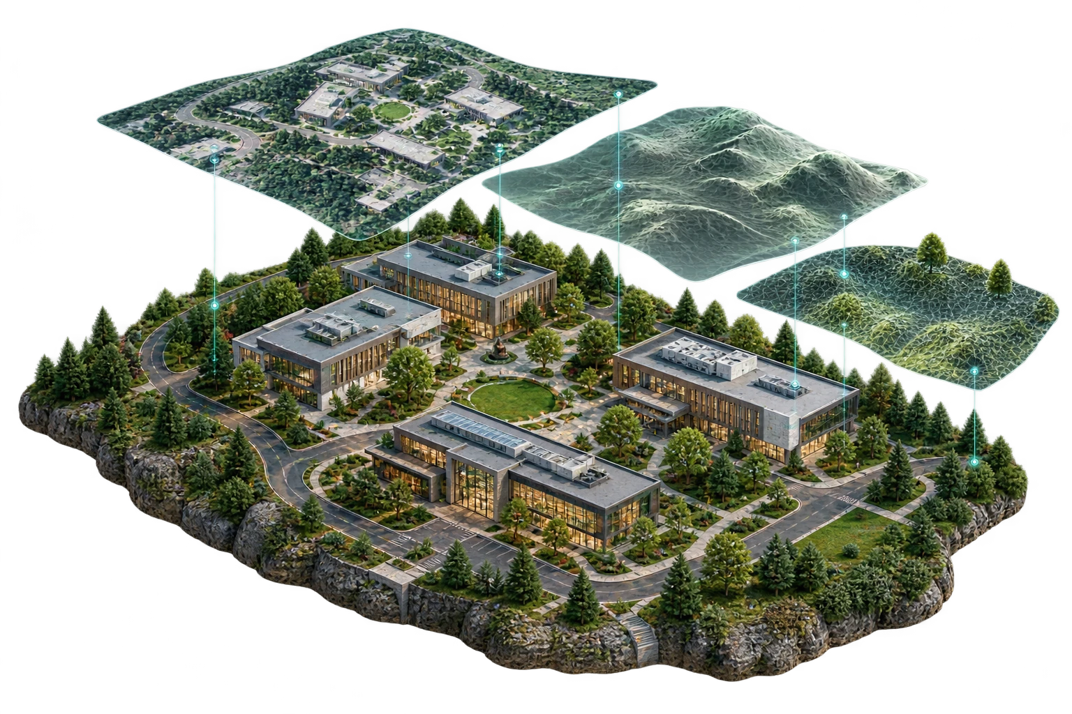 Campus model with connected imagery, map and analysis layers