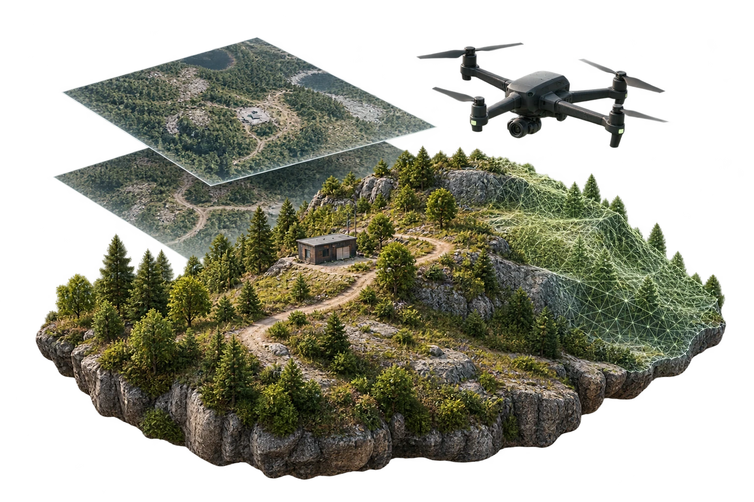 Terrain model, drone and connected survey imagery