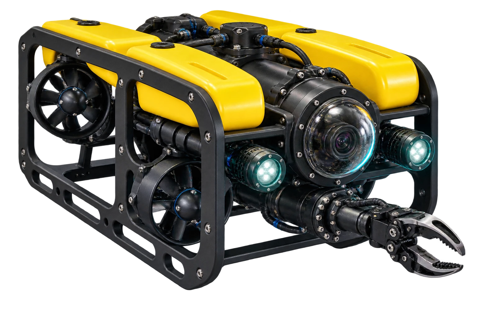 Underwater inspection ROV concept with camera, lights, thrusters and manipulator