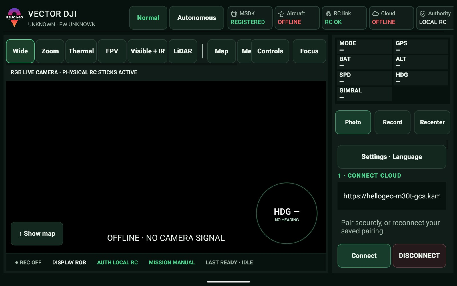 Original HelloGeo Vector DJI controller interface supplied on 18 October 2026, showing its captured offline state