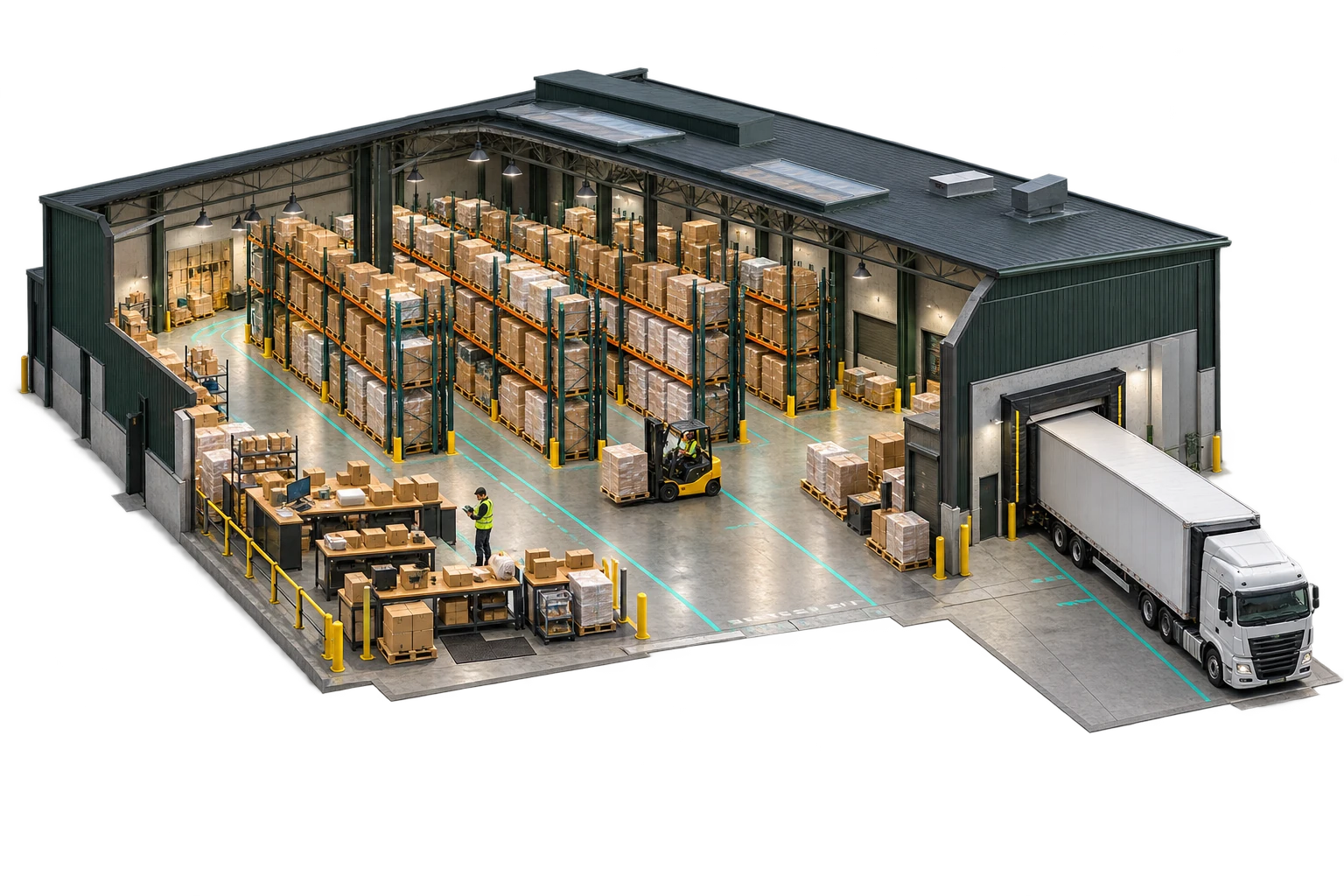 Warehouse cutaway with pallet racking, packing stations, a forklift, handheld scanning and a connected loading dock
