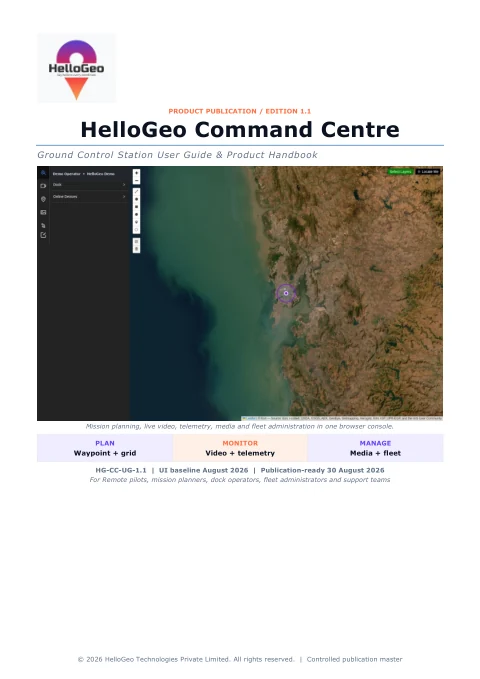 Cover of HelloGeo Command Centre user guide, edition 1.1