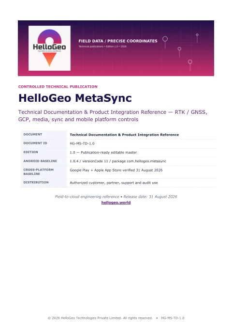 Cover of HelloGeo MetaSync technical documentation, edition 1.0