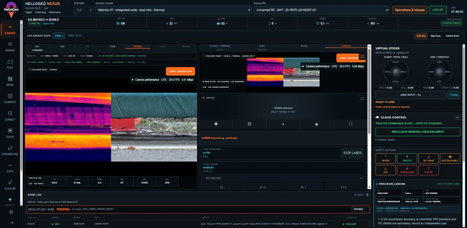 Actual HelloGeo Nexus Matrice 4T visible and thermal split screenshot with recorded control panels.