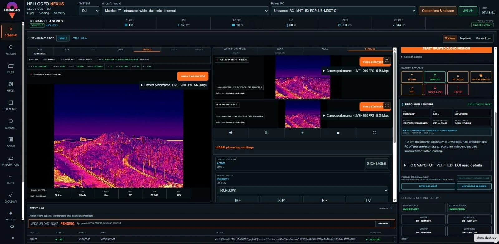 Actual HelloGeo Nexus Matrice 4T thermal screenshot with recorded infrared imagery and payload panels.