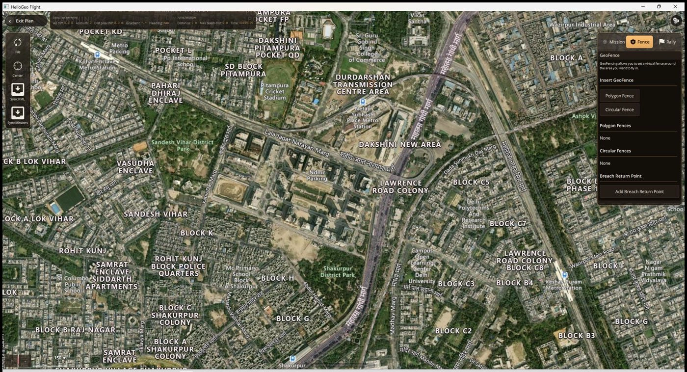HelloGeo Flight map workspace with polygon fence, circular fence and breach return point tools