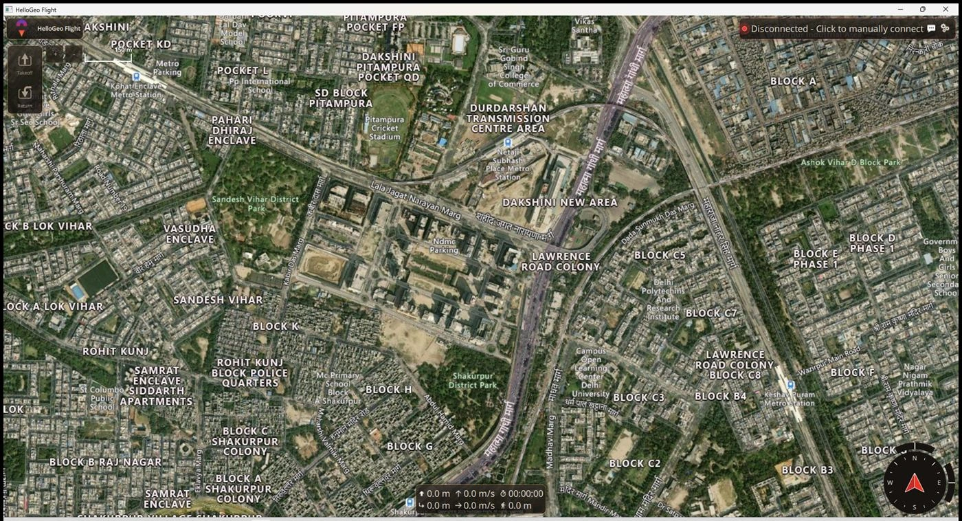 HelloGeo Flight desktop map workspace with flight tools and disconnected status