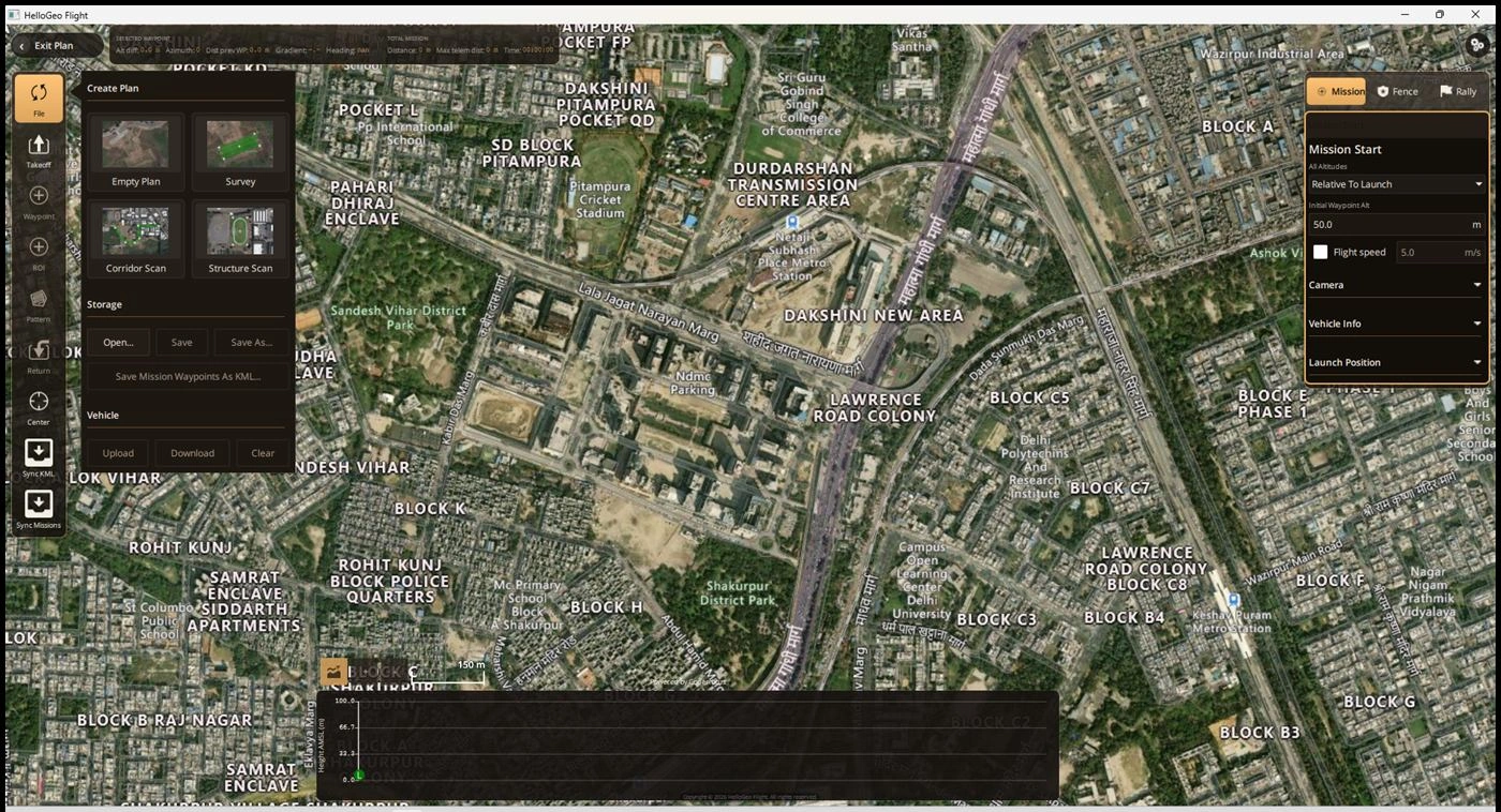HelloGeo Flight planning workspace showing survey, corridor scan and structure scan options