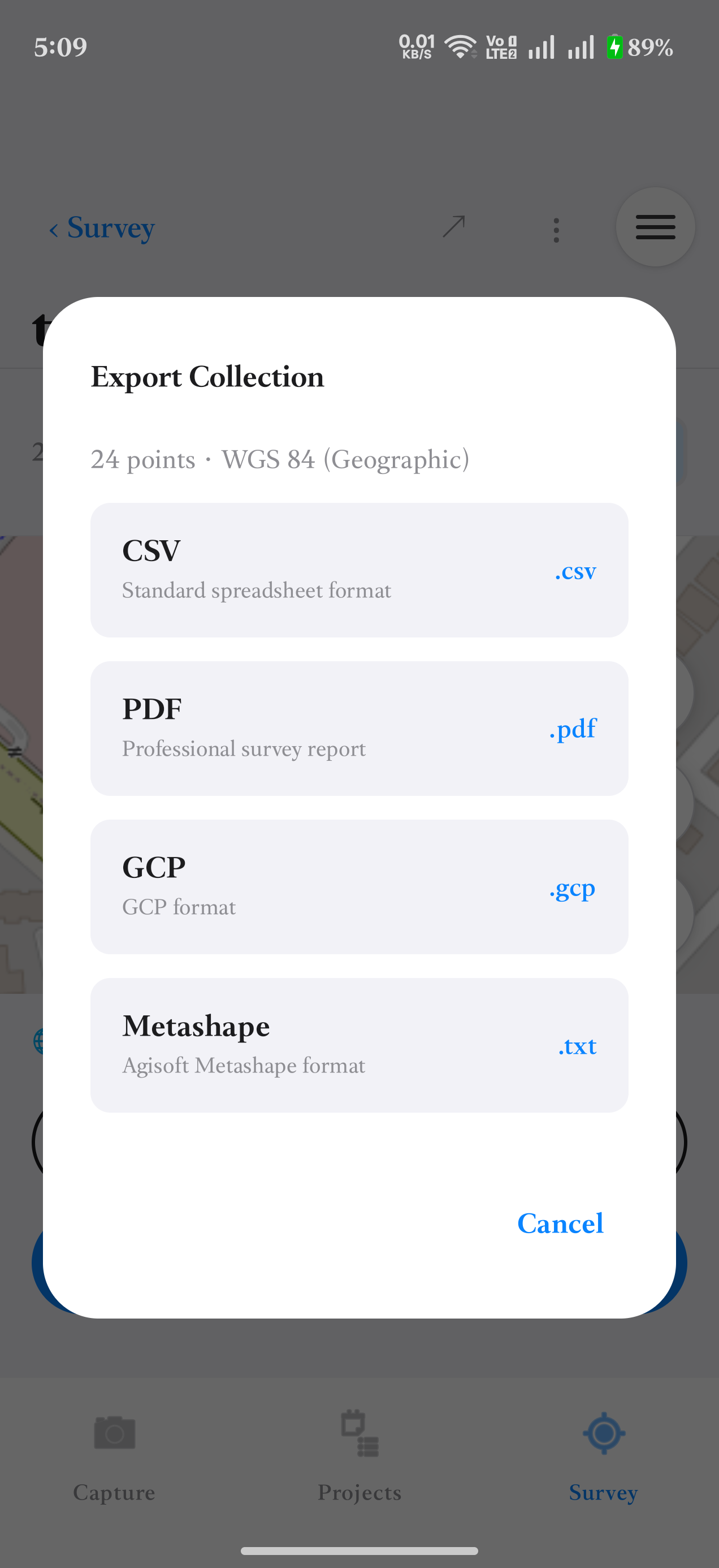 HelloGeo MetaSync Export Collection dialog with CSV, PDF, GCP and Metashape choices