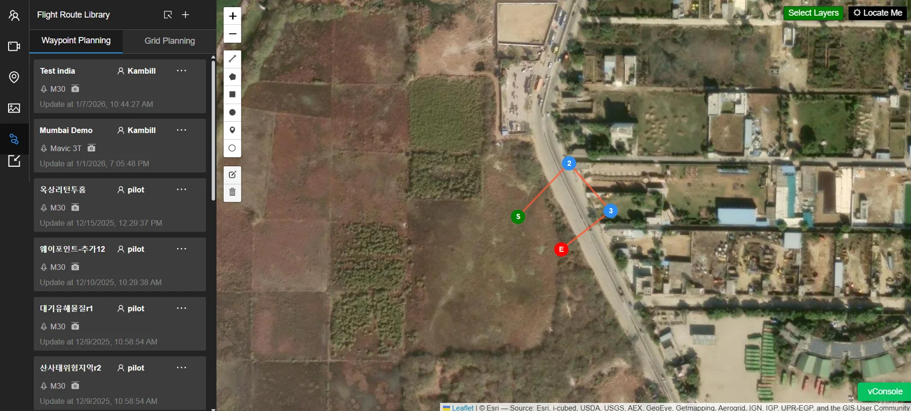 Published HelloGeo mission-planning screenshot with route library and waypoints on a satellite map.