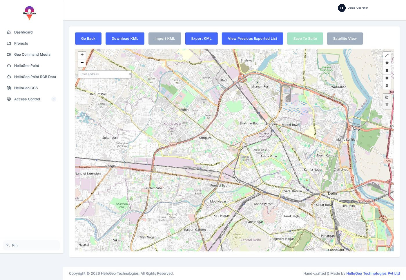 HelloGeo Suite captured planning interface with map, project tools and KML controls